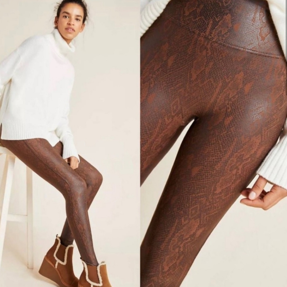 Spanx Faux Leather Brown Snakeskin Leggings Size‎ S  High Rise Edgy Animal Print